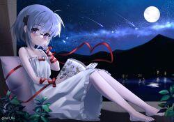 Rule 34 | 1girl, absurdres, ahoge, arm ribbon, bare shoulders, blush, book, closed mouth, commission, dress, fei (bell fei), full moon, glasses, hair ornament, highres, holding, holding book, kagari (rewrite), long ribbon, looking at viewer, meteor, moon, night, night sky, pillow, purple eyes, reading, red ribbon, rewrite, ribbon, short hair, sitting, sky, smile, white dress, white hair