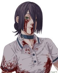 Rule 34 | 1girl, absurdres, blood, blood from mouth, blood on clothes, blood on face, buttons, chainsaw man, choker, commentary, english commentary, green eyes, hair bun, highres, looking at viewer, nosebleed, purple hair, reze (chainsaw man), shirt, signature, simple background, smile, stargazypie u, white background, white shirt