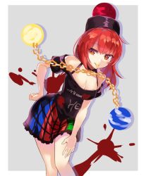 Rule 34 | 1girl, bare arms, bare legs, black shirt, breasts, candy, chain, cleavage, clothes writing, collar, earth (ornament), falken (yutozin), food, hand on own hip, hecatia lapislazuli, leaning forward, lollipop, medium breasts, miniskirt, moon (ornament), mouth hold, multicolored clothes, multicolored skirt, off-shoulder shirt, off shoulder, red eyes, red hair, shirt, skirt, smile, solo, t-shirt, touhou