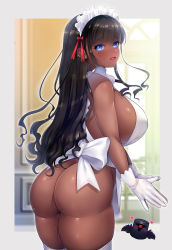 Rule 34 | 1girl, apron, ass, back, bare shoulders, black hair, blue eyes, blurry, blush, border, breasts, creature, dark-skinned female, dark skin, depth of field, gloves, heart, highres, huge breasts, indoors, long hair, looking at viewer, looking back, maid headdress, monster, naked apron, nemu (nora), open mouth, original, outside border, shiny skin, sideboob, skindentation, solo, sweat, thighhighs, white apron, white border, white gloves, white thighhighs