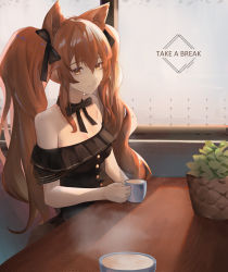 Rule 34 | 1girl, absurdres, ambience synesthesia, angelina (arknights), animal ears, arknights, bare shoulders, black dress, black ribbon, brown eyes, brown hair, cafe, cup, dress, fox ears, hair between eyes, hair ribbon, highres, holding, holding cup, long hair, looking at viewer, neck ribbon, off-shoulder dress, off shoulder, official alternate costume, r dancer, ribbon, short sleeves, smile, solo, table, twintails