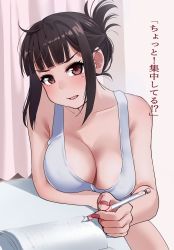 Rule 34 | 1girl, bare arms, bare shoulders, black hair, blunt bangs, breasts, brown eyes, cleavage, collarbone, curtains, elder cousin (igarashi kyouhei), hair bun, highres, igarashi kyouhei, indoors, large breasts, looking at viewer, mole, mole under eye, nail polish, notebook, open mouth, original, paper, pencil, pink nails, sidelocks, single hair bun, sitting, solo, tank top, translated, white tank top