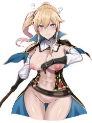 Rule 34 | 1girl, ?, black gloves, blonde hair, blue capelet, blue eyes, blush, branch, breasts, capelet, cleavage, closed mouth, commentary request, covered erect nipples, cowboy shot, detached collar, detached sleeves, genshin impact, gloves, hair between eyes, high ponytail, hiruno, holding, holding branch, hypnosis, jean (genshin impact), large breasts, long hair, mind control, multicolored capelet, navel, nipples, ponytail, pussy, pussy juice, thigh gap, thighs, weapon