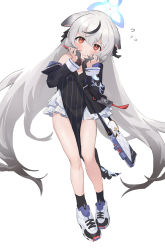 Rule 34 | 1girl, absurdres, black dress, black hair, black socks, blue archive, blush, dress, frilled dress, frills, full body, gradient hair, grey hair, halo, highres, holding, kokona (blue archive), long hair, long sleeves, maqin, multicolored hair, pencil, shoes, simple background, sneakers, socks, solo, spiral, streaked hair, tearing up, very long hair, white background, white footwear, yellow eyes