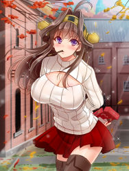 Rule 34 | 10s, 1girl, arms behind back, autumn, blush, boots, breasts, brown hair, cleavage, cleavage cutout, clothing cutout, female focus, food, headgear, highres, kantai collection, kongou (kancolle), large breasts, leaning forward, long hair, looking at viewer, meme attire, open-chest sweater, pleated skirt, pocky, purple eyes, skirt, solo, standing, sweater, thigh boots, thighhighs, turtleneck, youshuu, zettai ryouiki