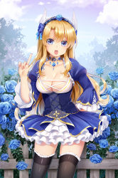 Rule 34 | 1girl, absurdres, black thighhighs, blonde hair, blue eyes, blue flower, breasts, choker, cleavage, collarbone, cowboy shot, floating hair, flower, frilled thighhighs, frills, hair between eyes, hair flower, hair ornament, hand on own hip, headdress, highres, index finger raised, large breasts, layered skirt, long hair, looking at viewer, miniskirt, multicolored hair, mvv, open mouth, outdoors, sangoku romance, shiny skin, silver hair, skirt, solo, standing, thighhighs, two-tone hair, very long hair, white skirt