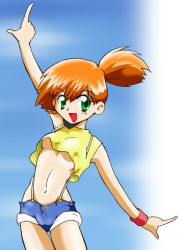 Rule 34 | 1girl, alternate color, arm up, bare shoulders, blue sky, breasts, clothes lift, cloud, cloudy sky, cowboy shot, creatures (company), crop top, cropped legs, denim, denim shorts, game freak, geropper, green eyes, looking at viewer, midriff, misty (pokemon), navel, nintendo, no bra, open mouth, orange hair, outdoors, pointing, pointing up, pokemon, ponytail, shirt, shirt lift, short hair, short ponytail, short shorts, shorts, side ponytail, sky, sleeveless, sleeveless shirt, smile, solo, suspenders, thigh gap, wristband, yellow shirt