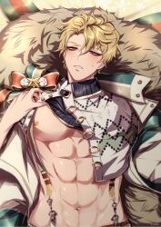Rule 34 | 2boys, abs, bags under eyes, blonde hair, blush, bow, christmas, clothes lift, coat, fur trim, highres, looking at viewer, male focus, multiple boys, navel, nipples, nu carnival, off screen, off screen character, off screen male, off screen male character, orange eyes, parted lips, pectorals, quincy (nu carnival), ribbon, shirt lift, short hair, suspenders, sweatdrop, teeth, winter, winter clothes, winter coat, yadome810, yaoi