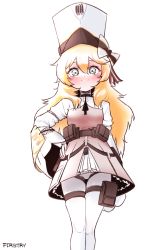 Rule 34 | 1girl, belt, belt pouch, blonde hair, blush, bow, breasts, dress, girls&#039; frontline, hand on own hip, hat, hat bow, hat ribbon, kolibri (girls&#039; frontline), long hair, long sleeves, looking at viewer, mogijabgo, pouch, ribbon, small breasts, smile, solo, standing, thigh pouch, thigh strap, white background, white legwear, wide sleeves