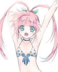 Rule 34 | 1girl, bare shoulders, bikini, blue eyes, blush, chelsea torn, choker, flat chest, gloves, hair ornament, long hair, open mouth, pink hair, ribbon, swimsuit, tales of (series), tales of destiny, twintails