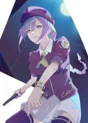 Rule 34 | 1girl, absurdres, ascot, atlas academy school uniform, bracelet, braid, braided ponytail, closed mouth, commentary, gun, hat, highres, holding, holding gun, holding weapon, jewelry, long hair, looking at viewer, melty blood, moon, mouth hold, puffy short sleeves, puffy sleeves, purple eyes, purple hair, purple hat, purple shirt, school uniform, shirt, short sleeves, sidelocks, sion eltnam atlasia, skirt, solo, tsukihime, vii (joshuayuen), weapon, white skirt, yellow ascot