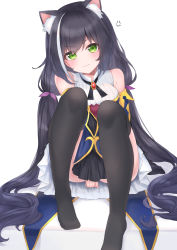 Rule 34 | 1girl, 3:, anger vein, animal ear fluff, animal ears, bare shoulders, black hair, black thighhighs, blush, cat ears, cat girl, closed mouth, commentary request, covering privates, covering crotch, detached sleeves, frilled sleeves, frills, green eyes, hair ribbon, hashiko nowoto, highres, karyl (princess connect!), knees up, long hair, long sleeves, looking at viewer, low twintails, multicolored clothes, multicolored hair, princess connect!, purple ribbon, ribbon, short twintails, simple background, sitting, solo, streaked hair, thighhighs, twintails, very long hair, white background, white hair