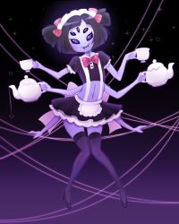 Rule 34 | 1girl, apron, arthropod girl, bow, colored skin, extra arms, extra eyes, fangs, high heels, highres, insect girl, maid, maid headdress, meltyvixen, muffet, purple skin, ribbon, skirt, spider girl, tea, teapot, thighhighs, twintails, undertale