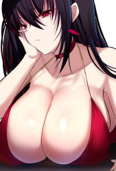 Rule 34 | 1girl, akeyama kitsune, azur lane, black hair, breast rest, breasts, choker, cleavage, closed mouth, commentary request, dress, elbow rest, hair between eyes, huge breasts, looking at viewer, red choker, red dress, red eyes, simple background, solo, spaghetti strap, strap gap, taihou (azur lane), taihou (forbidden feast) (azur lane), upper body, white background