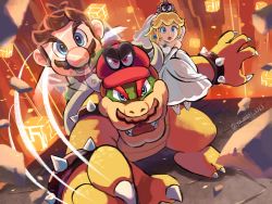 Rule 34 | 1girl, armlet, bare shoulders, blonde hair, blue eyes, bowser, bridal veil, cappy (mario), crown, dress, earrings, elbow gloves, facial hair, gloves, highres, horns, jewelry, long hair, mario, mario (series), mario (tuxedo), multiple boys, mustache, nintendo, official alternate costume, open mouth, ponytail, possessed, possession, princess peach, princess peach (wedding), spiked armlet, spiked shell, spikes, super mario odyssey, tiara (mario), veil, wedding dress, white dress, white gloves, ya mari 6363