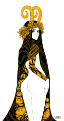Rule 34 | 1girl, ass, black eyes, bottomless, cape, chain, copyright request, floral print, flower, from behind, highres, horns, leaf, long sleeves, looking at viewer, ltstry, monochrome, print cape, signature, simple background, snake print, solo, spot color, white background, yellow flower, yellow horns