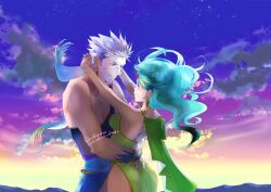 Rule 34 | 1boy, 1girl, aged up, breasts, cape, cloud, dated, dress, earrings, edward geraldine, final fantasy, final fantasy iv, green hair, hair ornament, highres, jewelry, long hair, looking at another, mask, medium breasts, nekomrao, rydia (ff4)