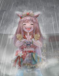 Rule 34 | 1girl, agnes digital (umamusume), animal ears, belly, belt, commentary, closed eyes, hair ornament, highres, horse ears, horse girl, horse tail, long hair, midriff, navel, open mouth, own hands clasped, own hands together, pink hair, rain, single thighhigh, sky, solo, tail, thighhighs, umamusume, wet