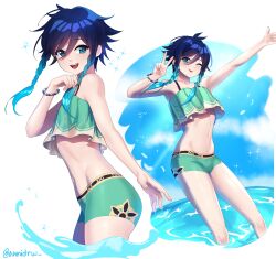 Rule 34 | 1boy, ;p, absurdres, alternate costume, androgynous, annidrw, bikini, black hair, blue eyes, blue hair, bracelet, braid, commentary, english commentary, genshin impact, gradient hair, green bikini, highres, in water, jewelry, male focus, multicolored hair, one eye closed, open mouth, short hair with long locks, smile, solo, sparkle, swimsuit, thumbs up, tongue, tongue out, trap, twin braids, v, venti (genshin impact)