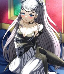 Rule 34 | bed, black choker, black dress, black tiara, blue eyes, blush, breasts, choker, cleavage, commission, commissioner upload, dress, earrings, eir (fire emblem), fire emblem, fire emblem heroes, frilled sleeves, frills, holding own arm, jewelry, kneeling, long hair, long sleeves, medium breasts, nintendo, on bed, open mouth, parted lips, picture frame, ponytail, sidelocks, tiara, very long hair, waiting for kiss, white dress, white hair, yozu (yozu0420)