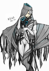 Rule 34 | 1other, black sclera, blue eyes, blue star, bodysuit, boots, colored sclera, gloves, grey footwear, grey hair, grey headwear, grey veil, holding, holding staff, lobotomy corporation, long sleeves, nishikujic, personification, project moon, short hair, simple background, solo, staff, white background, white bodysuit, white gloves, wide sleeves