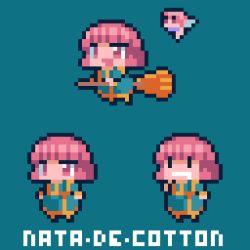Rule 34 | bob cut, broom, broom riding, character name, chibi, cotton (character), cotton (game), drooling, fairy, fairy wings, holding, holding broom, lowres, open mouth, pink eyes, pink hair, pixel art, robe, short hair, silk (cotton), simple background, teal background, wings, witch