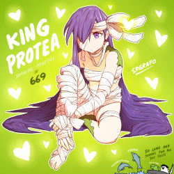 Rule 34 | 1girl, bandages, english text, fate/grand order, fate (series), kingprotea (fate), one eye covered, purple eyes, purple hair, srgrafo