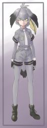 Rule 34 | 10s, 1girl, black footwear, black hair, boots, collared shirt, feather tails, feathers, full body, gradient background, grey background, grey necktie, grey pantyhose, grey shirt, grey shorts, head wings, highres, kadoyuki (kadouki), kemono friends, looking at viewer, low ponytail, multicolored hair, necktie, pantyhose, pantyhose under shorts, shirt, shoebill (kemono friends), shorts, side ponytail, silver hair, solo, staring, wings, yellow eyes