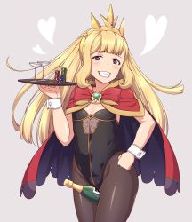 Rule 34 | 10s, 1girl, adapted costume, ao banana, bad id, bad twitter id, between thighs, black leotard, black pantyhose, blonde hair, blush, bottle, breasts, cagliostro (granblue fantasy), cape, cowboy shot, crown, cup, drinking glass, granblue fantasy, grin, hairband, hand on own hip, heart, highleg, highleg leotard, highres, holding, holding tray, leotard, long hair, looking at viewer, pantyhose, playboy bunny, poker chip, purple eyes, sidelocks, small breasts, smile, solo, tray, wine bottle, wine glass, wrist cuffs