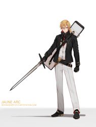 Rule 34 | 1boy, alternate universe, armor, artist name, belt, black belt, black footwear, black gloves, black jacket, character name, clenched hand, dishwasher1910, flower, gloves, hair between eyes, high collar, highres, holding, holding sword, holding weapon, jacket, jaune arc, legs apart, long hair, long sleeves, looking at viewer, low ponytail, male focus, necktie, open clothes, open jacket, pants, parted lips, red necktie, rwby, shadow, shirt, shoes, shoulder armor, simple background, solo, standing, sword, unbuttoned, watermark, weapon, weapon bag, web address, white background, white pants, white shirt, wing collar