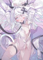 Rule 34 | 1girl, absurdres, arms up, bandaged leg, bandages, bound, bound arms, cat tail, collar, hair ornament, highres, leash, lying, open clothes, open shirt, original, see-through, see-through shirt, tail, thigh strap, verslll, white hair, x hair ornament