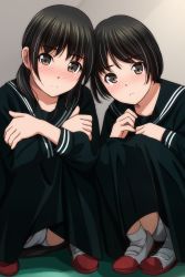 Rule 34 | 2girls, absurdres, black hair, black sailor collar, black serafuku, black shirt, black skirt, blush, brown eyes, closed mouth, crossed arms, hair over shoulder, highres, knees up, long hair, long sleeves, low twintails, matsunaga kouyou, multiple girls, nose blush, original, panties, parted lips, pleated skirt, puffy long sleeves, puffy sleeves, sailor collar, school uniform, serafuku, shirt, shoes, skirt, smile, socks, squatting, twintails, underwear, uwabaki, white footwear, white panties, white socks