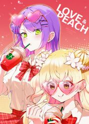 2girls alternate_costume barbell_piercing bibi_(tokoyami_towa) blonde_hair blush bow bowtie colored_inner_hair commentary_request cup disposable_cup double-parted_bangs double_bun drinking drinking_straw drinking_straw_in_mouth ear_piercing english_text eyewear_on_head flower gradient_background gradient_hair green_eyes hair_bun hair_flower hair_ornament hairclip heart heart-shaped_eyewear highres holding holding_cup hololive ice_cream_spoon industrial_piercing long_hair looking_at_object looking_at_viewer momosuzu_nene multicolored_hair multicolored_nails multiple_girls multiple_piercings nail_polish piercing pink-tinted_eyewear pink_hair plaid_bow plaid_bowtie plaid_clothes purple_hair red_background red_bow red_bowtie red_skirt school_uniform shirt short_sleeves side_up_bun single_side_bun skirt spoon streaked_hair tinted_eyewear tokoyami_towa two_side_up uni_(maru231) upper_body virtual_youtuber whipped_cream white_shirt yellow_background