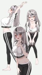Rule 34 | 1girl, barefoot, black hair, black pants, blush, breasts, character name, copyright name, crop top, grey hair, hair ornament, hairpin, highres, hololive, hololive dance practice uniform, large breasts, long hair, looking at viewer, multicolored hair, noviceeeeeeee, official alternate costume, open mouth, pants, red eyes, sakamata chloe, smile, solo, streaked hair, virtual youtuber, white background, x hair ornament, yoga pants