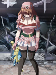 Rule 34 | 1girl, absurdres, belt, blood, blood on face, breasts, brown hair, cleavage, closed mouth, collarbone, destruction, detached collar, dirty, dirty clothes, dress, female focus, gloves, green belt, grey thighhighs, hat, head down, highres, holding, holding weapon, injury, large breasts, legs, long hair, magical girl, mahou shoujo tokushusen asuka, mugen kurumi, nurse, nurse cap, pink detached collar, pink dress, pink gloves, pink hat, pleated skirt, puffy short sleeves, puffy sleeves, screencap, serious, short sleeves, skirt, solo, standing, thighhighs, weapon, white skirt