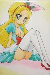 Rule 34 | 1girl, arm support, ashigaki radar, bar censor, blonde hair, blue dress, blue eyes, blush, breasts, breasts out, censored, cherry hair ornament, collarbone, dress, food-themed hair ornament, hair ornament, hairband, high heels, highres, kirahoshi ciel, kirakira precure a la mode, leaf, long hair, looking at viewer, multicolored background, nipples, no panties, pink background, precure, puffy sleeves, pussy, red footwear, shoes, short sleeves, sitting, small breasts, smile, symbol-shaped pupils, thighhighs, white background, white thighhighs, yellow background