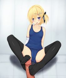 Rule 34 | 1boy, 1girl, amamoto louis, bad id, bad pixiv id, black thighhighs, blonde hair, blush, cameltoe, collarbone, elbow gloves, feet, footjob, gloves, head tilt, hetero, highres, knees up, naka no hito nado inai!, no shoes, one-piece swimsuit, penis, pov, purple eyes, school swimsuit, single glove, solo focus, spread legs, swimsuit, tenyoshi (briansept), thighhighs, toes, uncensored