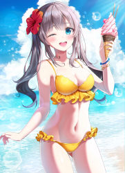 Rule 34 | 1girl, ;d, absurdres, bad id, bad pixiv id, bare arms, bare shoulders, bikini, blue eyes, breasts, cleavage, cloud, cowboy shot, day, eumi 114, flower, food, frilled bikini, frills, grey hair, groin, hair flower, hair ornament, hand up, hibiscus, highres, holding, huge filesize, ice cream, long hair, looking at viewer, medium breasts, navel, ocean, one eye closed, open mouth, original, outdoors, smile, solo, stomach, sunlight, swimsuit, thighs, yellow bikini