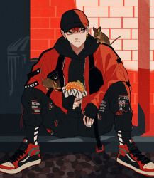 Rule 34 | 1boy, alley, animal, baseball cap, black hoodie, blue eyes, burger, closed mouth, clothes writing, eating, expressionless, food, full body, hat, highres, hood, hoodie, jacket, long sleeves, looking to the side, male focus, morio (m machi), mouse (animal), original, pants, puffy cheeks, red footwear, red hair, red jacket, road, shoes, short hair, sitting, sneakers, solo, street, sweatpants