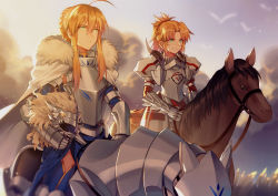 Rule 34 | 2girls, absurdres, ahoge, armor, armored animal, armored dress, artoria pendragon (all), artoria pendragon (fate), barding, blonde hair, blue dress, blue sky, blurry, blurry foreground, braid, cape, closed mouth, cloud, cloudy sky, commentary request, depth of field, dress, fate/apocrypha, fate/stay night, fate (series), fur-trimmed cape, fur trim, gauntlets, green eyes, hair between eyes, unworn headwear, helm, helmet, unworn helmet, high ponytail, highres, horseback riding, long hair, mordred (fate), mordred (fate/apocrypha), mother and daughter, multiple girls, outdoors, parted bangs, ponytail, red dress, riding, saber (fate), sidelocks, sky, smile, sunset, v-shaped eyebrows, white cape, yorukun
