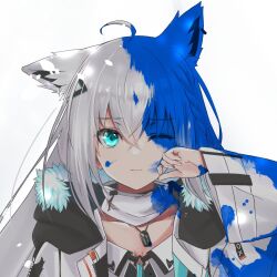 Rule 34 | 1girl, ahoge, animal ears, braid, closed mouth, collarbone, commentary, crossed bangs, dog tags, ellieka sama, fox ears, fur trim, green eyes, hair between eyes, hand up, highres, hololive, jacket, long hair, long sleeves, looking at viewer, one eye closed, open clothes, open jacket, paint splatter, paint splatter on face, portrait, shirakami fubuki, shirakami fubuki (fubukitek), side braid, simple background, solo, straight-on, virtual youtuber, white background, white hair, white jacket, wide sleeves