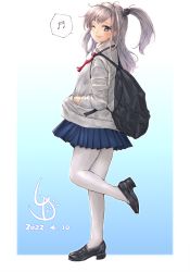 Rule 34 | 1girl, alternate costume, artist logo, backpack, bag, beamed thirty-second notes, blue skirt, cardigan, commentary request, dated, gradient background, hairband, hand in pocket, highres, kantai collection, ld (luna dial398), long hair, looking at viewer, musical note, necktie, one eye closed, one side up, pleated skirt, red necktie, school uniform, silver hair, skirt, solo, spoken musical note, suzutsuki (kancolle), thighhighs, white cardigan, white hairband, white thighhighs