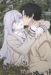 Rule 34 | 1boy, 1girl, 86 -eightysix-, absurdres, ahoge, arm around back, arm around neck, aromarong, black hair, blush, closed eyes, collared shirt, cowboy shot, earrings, facing another, from side, grey eyes, grey hair, grey sweater, hair between eyes, hetero, highres, jewelry, kiss, kissing cheek, long hair, long sleeves, looking at another, nail polish, open mouth, orange nails, plant, shinei nouzen, shirt, short hair, sidelocks, straight hair, sweater, v-neck, vest, vladilena millize, white shirt, yellow shirt, yellow vest