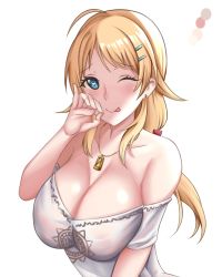 Rule 34 | 1girl, blonde hair, breasts, cleavage, crimecrime, hachimiya meguru, handjob gesture, idolmaster, idolmaster shiny colors, jewelry, jo, necklace, one eye closed, simple background, solo, tongue, tongue out, white background