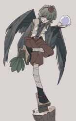 Rule 34 | 1girl, alternate costume, armor, ball, black kimono, black socks, black wings, blunt bangs, closed mouth, commentary request, crystal ball, empty eyes, feathered wings, foot up, fujii tomo, geta, green hair, grey background, hakama, hakama pants, hand fan, hand up, hat, hauchiwa, high ponytail, highres, holding, holding ball, holding fan, idolmaster, idolmaster cinderella girls, imay3927, japanese armor, japanese clothes, kimono, kote, kurokote, leaning forward, leg wrap, log, looking at viewer, pants, pom pom (clothes), puffy pants, red pants, sidelocks, simple background, smile, socks, solo, standing, standing on object, standing on one leg, tabi, tengu, tengu-geta, tokin hat, wide sleeves, wings, yellow eyes