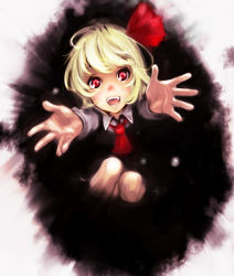 Rule 34 | 1girl, blonde hair, darkness, embodiment of scarlet devil, face, fangs, female focus, foreshortening, goichi, hair ribbon, open mouth, outstretched arms, outstretched hand, reaching, reaching towards viewer, red eyes, ribbon, rumia, short hair, solo, touhou