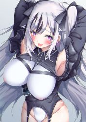 Rule 34 | 1girl, absurdres, armpits, arms behind head, azur lane, black corset, black dress, black ribbon, blush, breasts, clothing cutout, corset, covered erect nipples, cross, dress, elbe (azur lane), fang, frilled dress, frills, gradient background, grey background, hair ribbon, highres, iron cross, large breasts, layered dress, leotard, looking up, multicolored hair, nenekure (kuresgr), no headwear, open mouth, purple eyes, ribbon, shoulder cutout, skin fang, solo, streaked hair, twintails, underboob cutout, white leotard