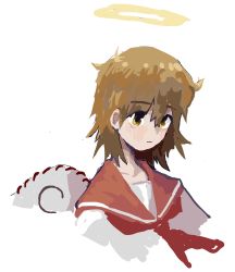 Rule 34 | 1girl, 44insects, brown eyes, brown hair, closed mouth, collarbone, cropped shoulders, expressionless, from side, haibane renmei, hair between eyes, halo, highres, light frown, long bangs, looking ahead, neckerchief, rakka (haibane), red neckerchief, red sailor collar, sailor collar, short hair, simple background, sketch, solo, tareme, unkempt, upper body, white background, wind, wings