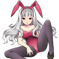 Rule 34 | 1girl, animal ears, bare shoulders, breasts, cleavage, fake animal ears, idolmaster, idolmaster (classic), large breasts, leotard, long hair, looking at viewer, mari ayame, masato ayame, orange eyes, pantyhose, playboy bunny, rabbit ears, shijou takane, silver hair, simple background, solo, white background