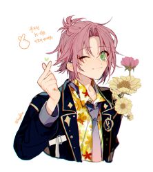 Rule 34 | 1boy, blue jacket, closed mouth, ensemble stars!, finger heart, floral print, flower, gold trim, green eyes, half updo, hand up, isara mao, jacket, leaf print, looking at viewer, necktie, one eye closed, pink flower, print shirt, sapphire (nine), shirt, simple background, smile, solo, upper body, white background, white necktie, wing collar, yellow flower